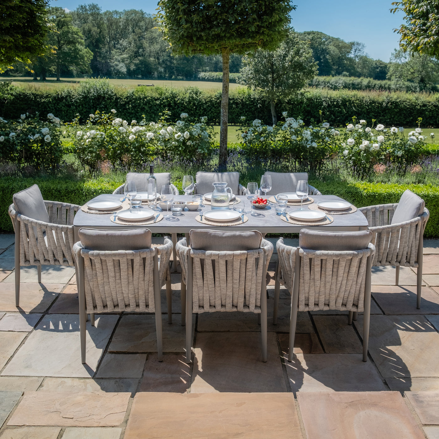 Milan Rope Weave 8 Seat Rectangular Dining Set by Maze Rattan in Cool Linen. GardenBox Price £2449