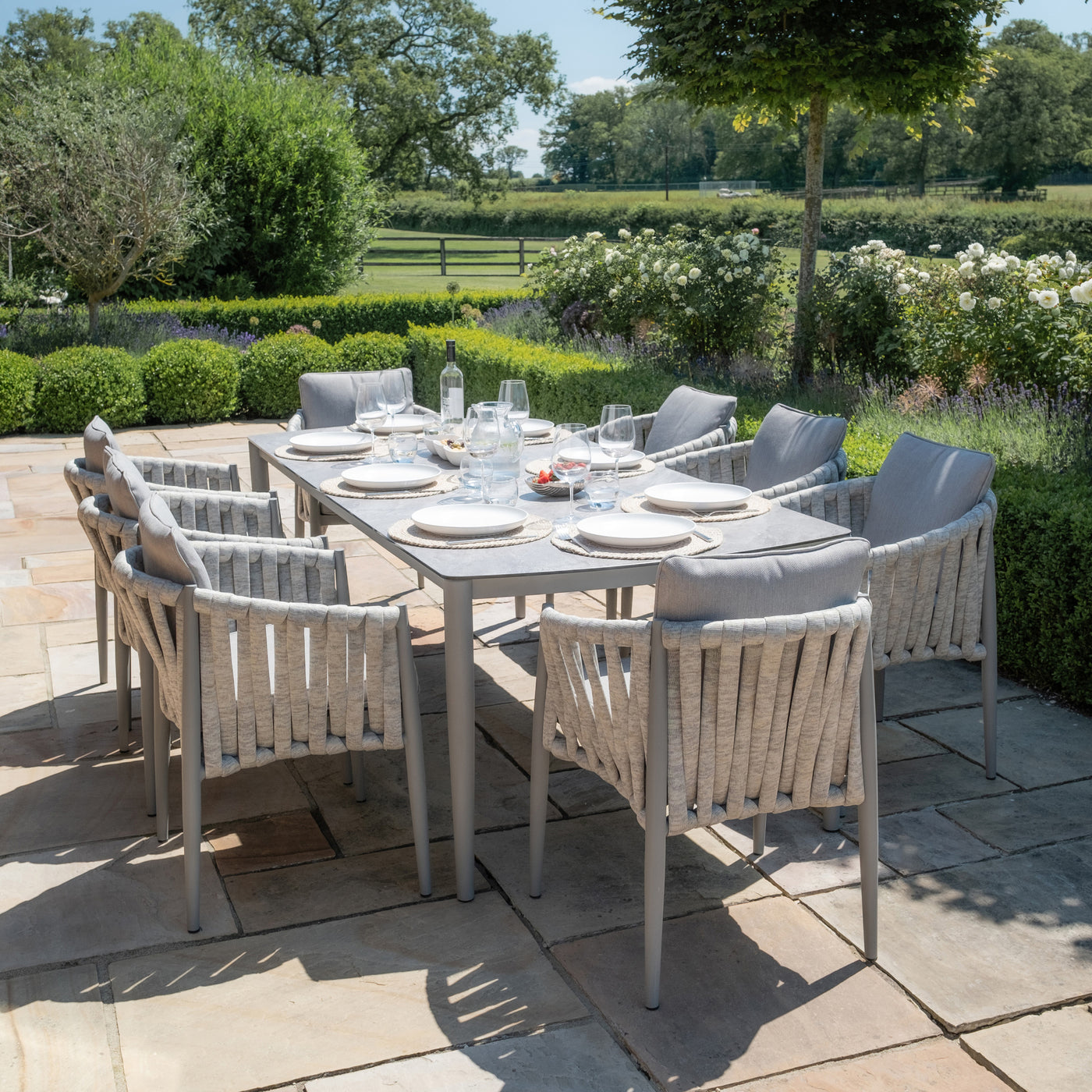 Milan Rope Weave 8 Seat Rectangular Dining Set by Maze Rattan in Cool Linen. GardenBox Price £2449