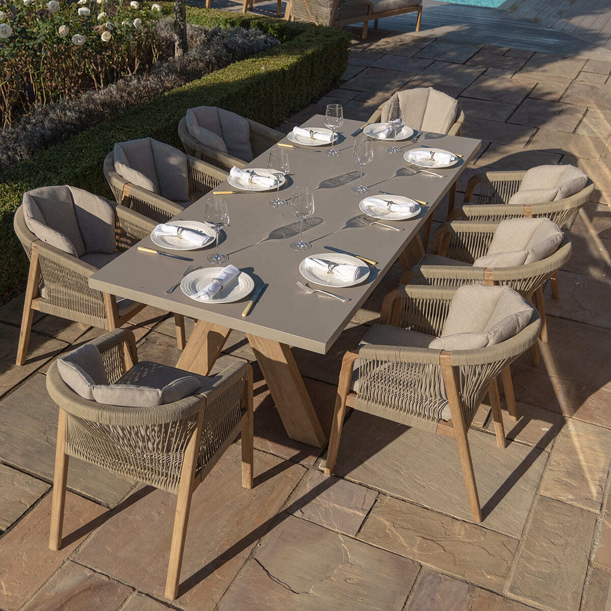 Martinique 8 Seat Rectangular Dining Set with 230cm Concrete Table Top. GardenBox Price £2449