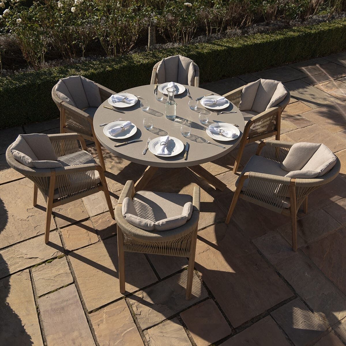 Martinique 6 Seat Round Dining Set with 150cm Concrete Table Top. GardenBox Price £1749