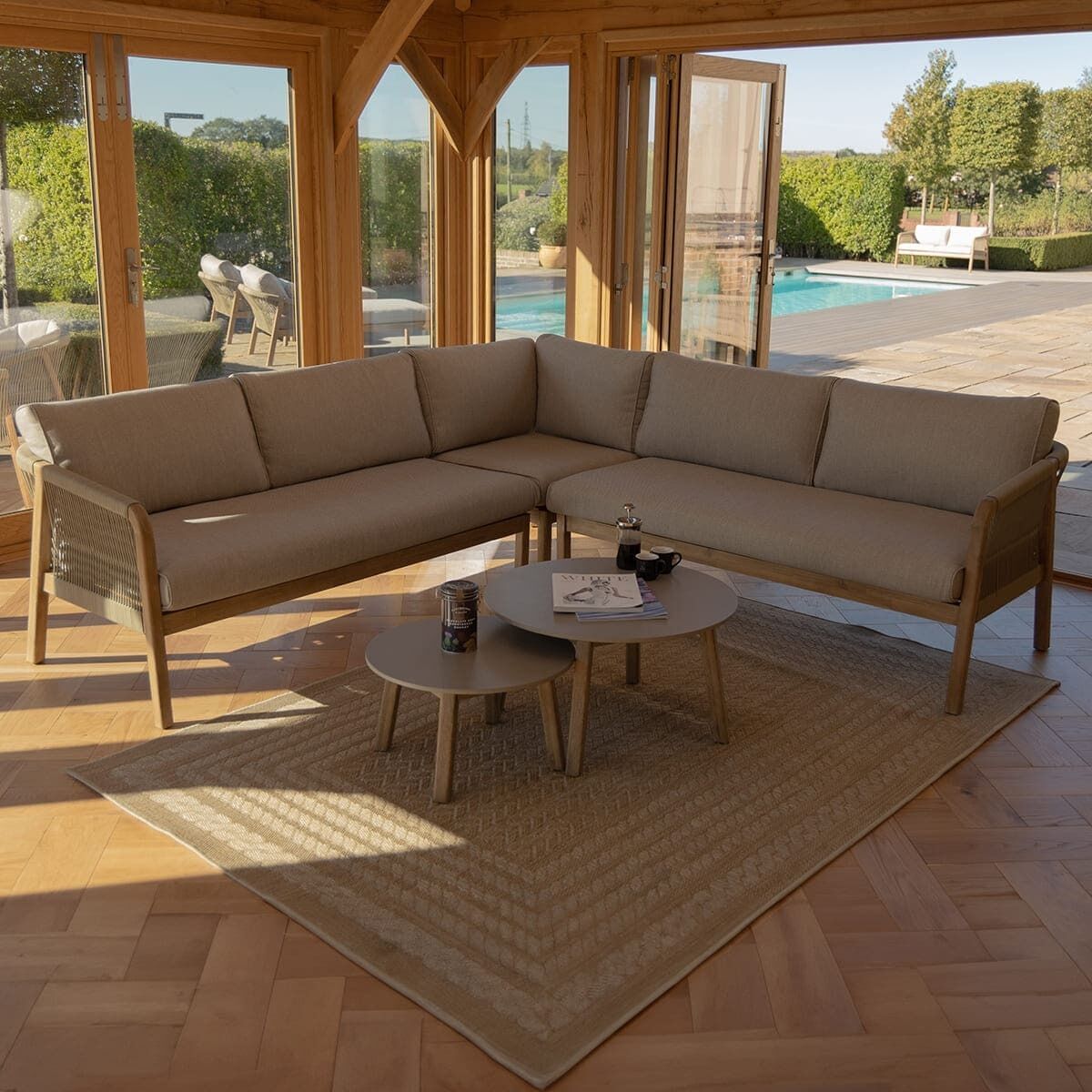 Martinique Corner Sofa Set with 2 Tables by Maze Rattan. GardenBox Price £1749