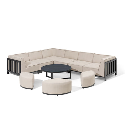 IBIZA Medium Corner Sofa Set with round coffee table with 3 foot stools by Maze Rattan. GardenBox Price £4149