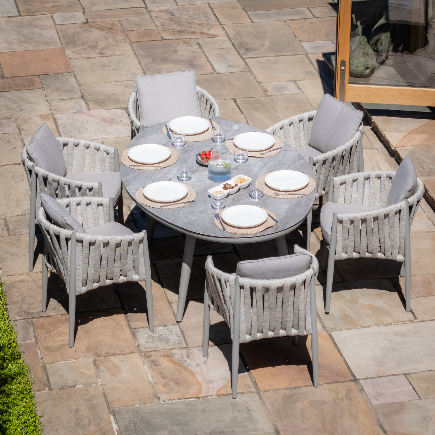 Milan Rope Weave 6 Seat Oval Dining Set in Cool Linen by Maze Rattan. GardenBox Price £1949