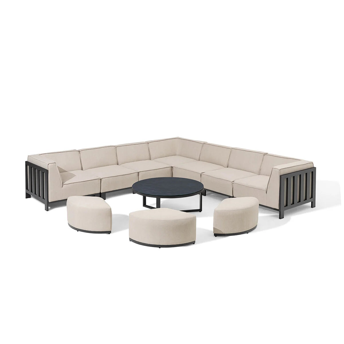 IBIZA Large Corner Sofa Set with round coffee table with 3 foot stools by Maze Rattan. GardenBox Price £4549