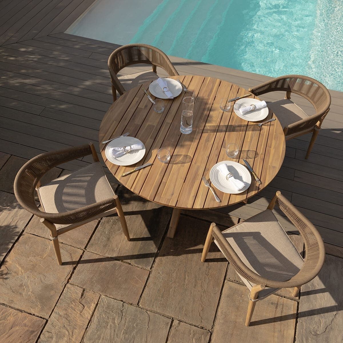 Porto 4 Seat Round Dining Set with 140cm Round Table by Maze Rattan. GardenBox Price £1049