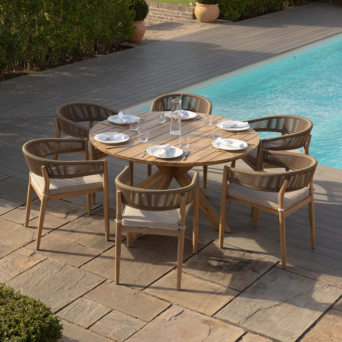 Porto 6 Seat Round Dining Set with 140cm Round Table by Maze Rattan. GardenBox Price £1349